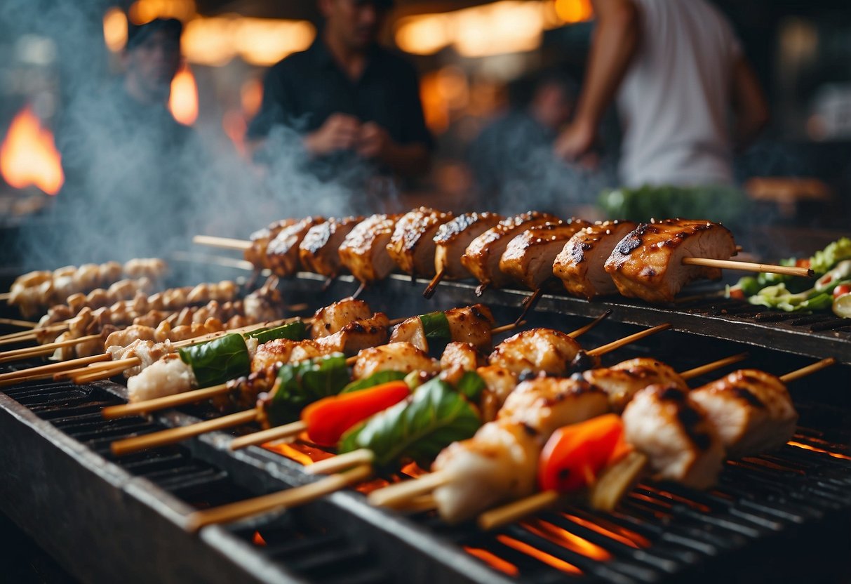 A sizzling yakitori grill with skewers of chicken, beef, and vegetables, surrounded by bustling street food stalls in Singapore