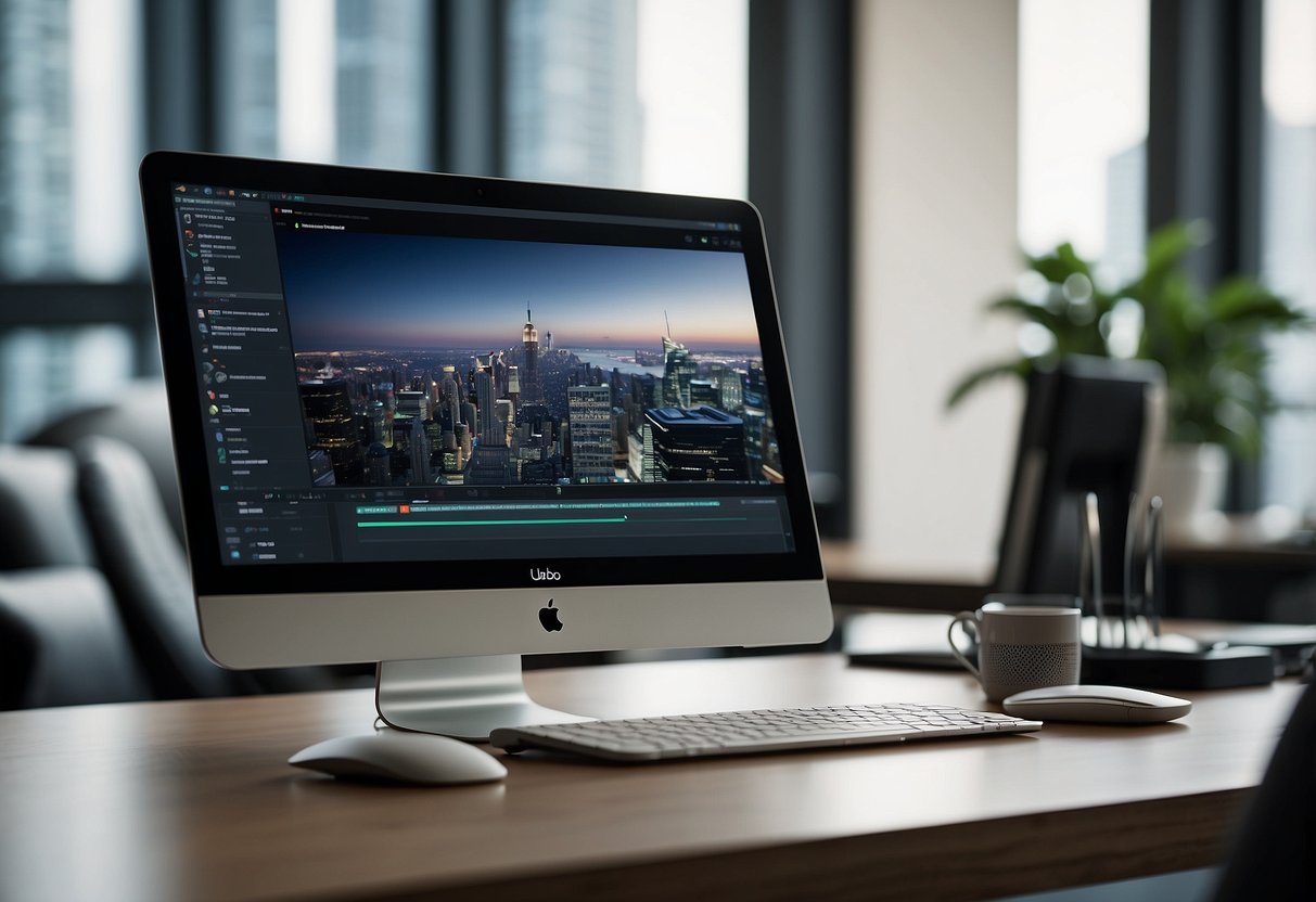 A laptop with the UOB Infinity platform displayed on the screen, surrounded by a sleek office desk and modern office supplies