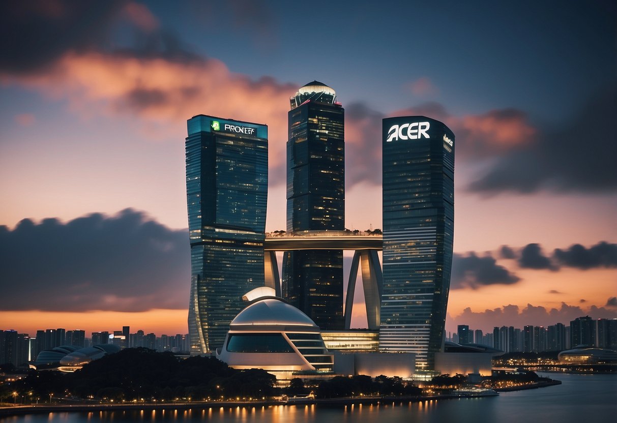 A bustling cityscape in Singapore, with iconic buildings and the recognizable logo of Acer prominently displayed