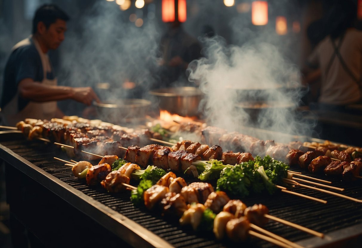 Smoke rises from sizzling skewers at a bustling Yakitori stall in Singapore, as diners chat and savor the aroma of grilled meats and vegetables