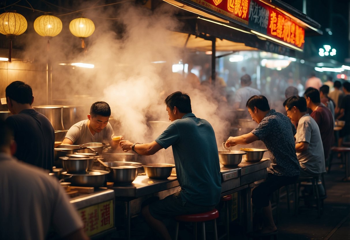 People enjoying bowls of steaming porridge at various hawker stalls in Singapore. The atmosphere is lively and vibrant, with the aroma of different porridge flavors filling the air
