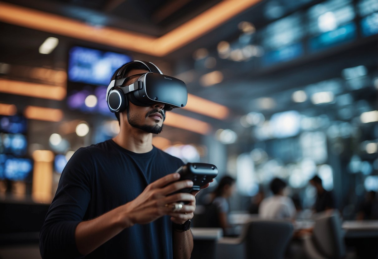 A person wearing a VR headset in a futuristic Singapore setting, surrounded by high-tech equipment and virtual reality simulations