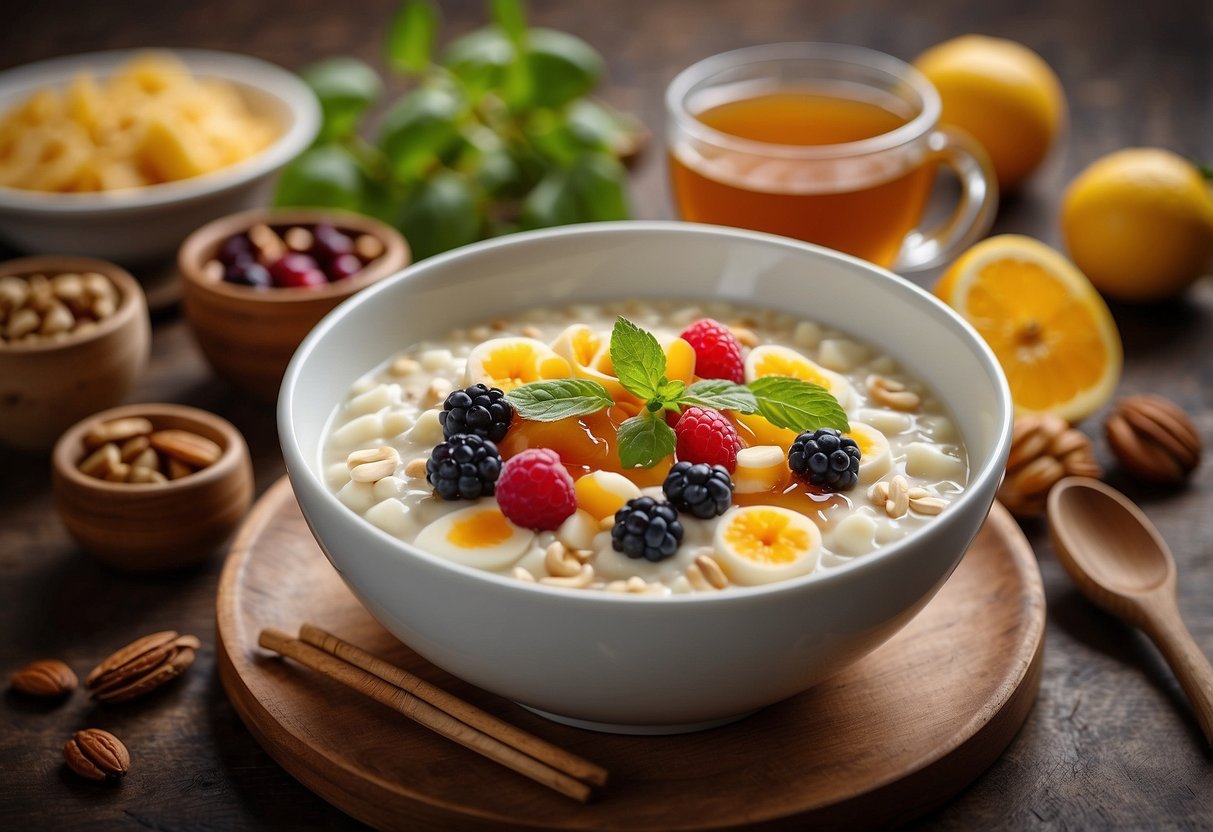 A bowl of warm porridge with a variety of toppings and side dishes, such as fruits, nuts, honey, and a cup of steaming tea
