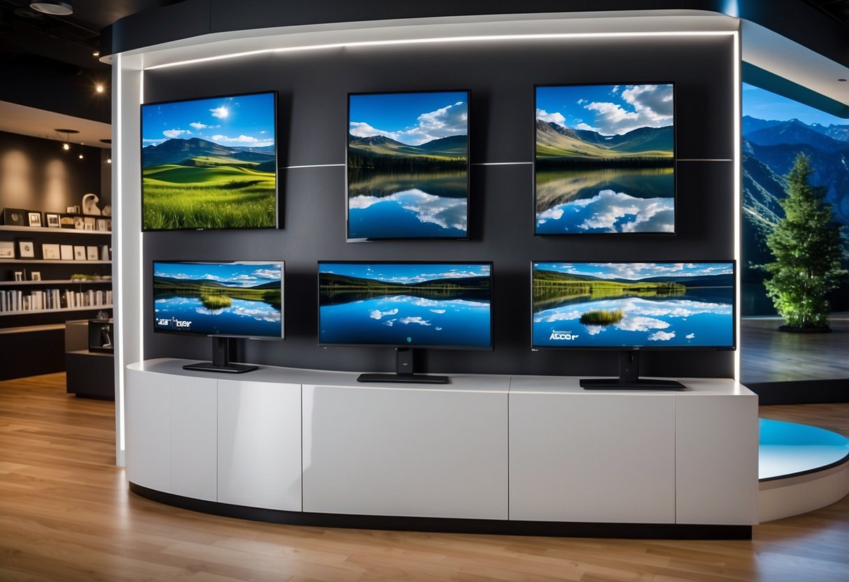 A variety of Acer products displayed on sleek shelves, with vibrant digital screens showcasing their features. Bright lighting and modern decor create an inviting atmosphere
