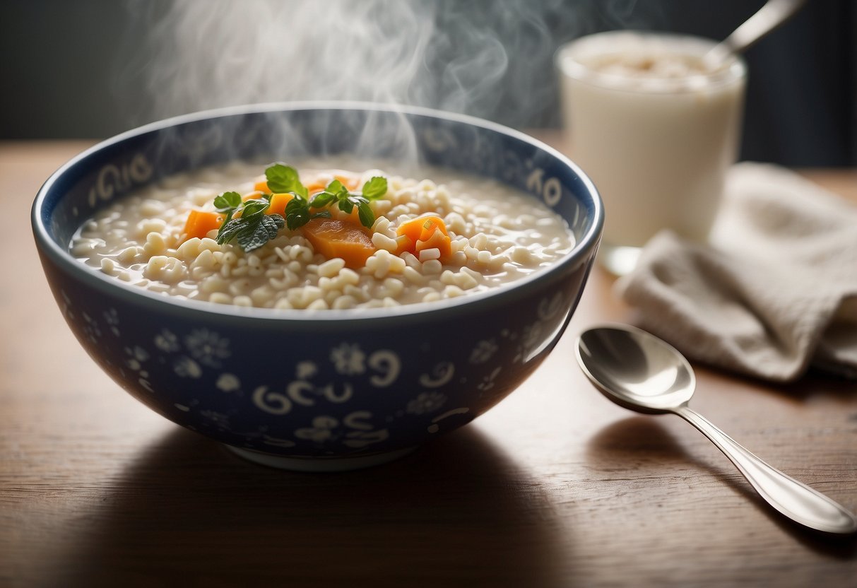 A steaming bowl of porridge sits on a table with a spoon beside it. The words "Frequently Asked Questions nice porridge in Singapore" are written in bold letters above the bowl