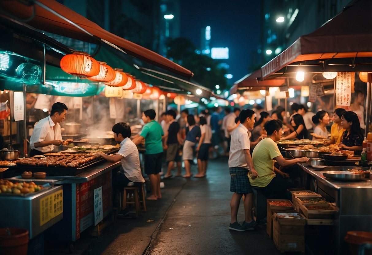 A bustling street in Singapore with colorful food stalls serving sizzling yakitori skewers, surrounded by diverse cultural influences