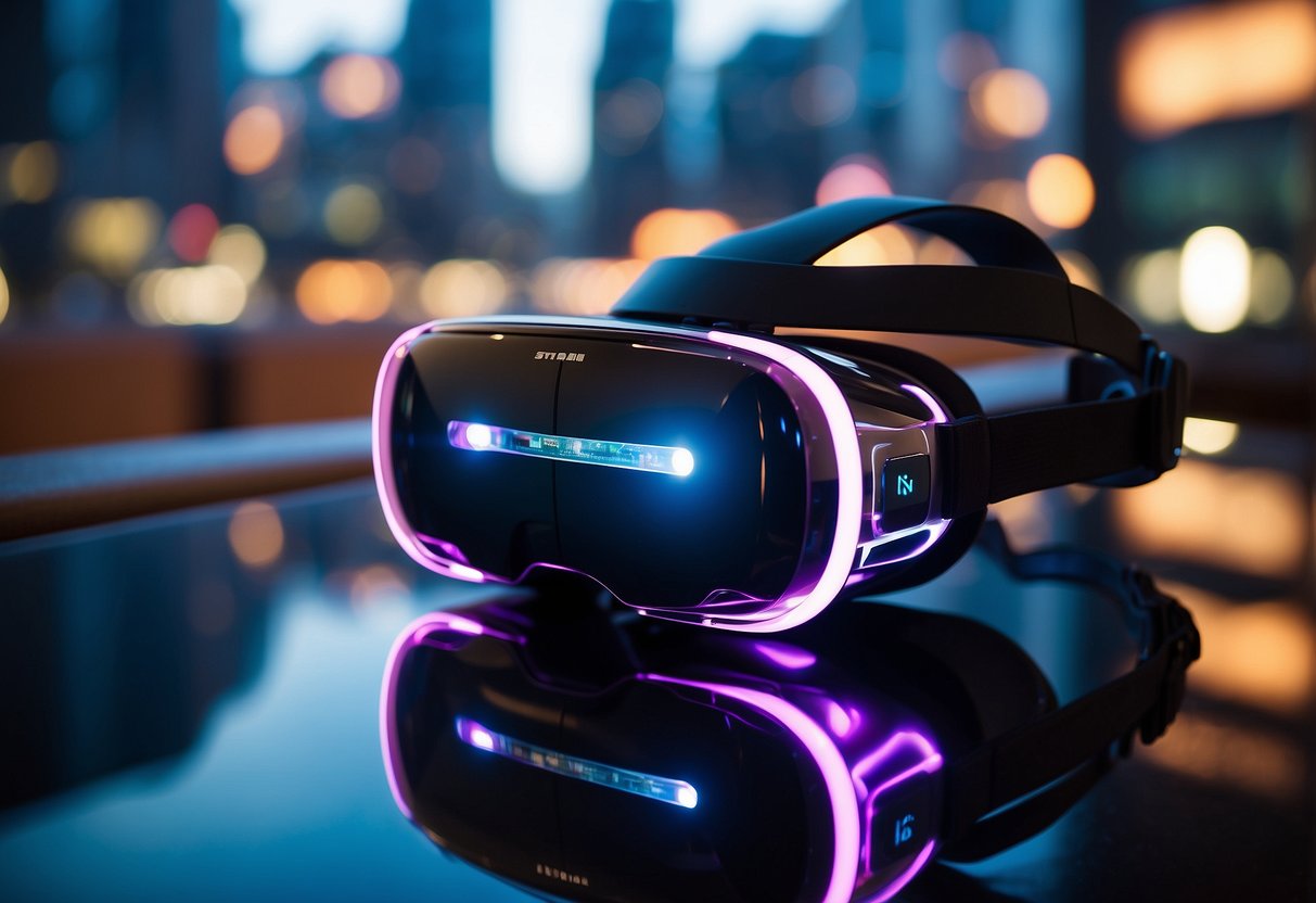 A VR headset sits on a sleek, modern table with a futuristic cityscape reflected in its lenses. Bright neon lights and digital displays surround the area, creating a high-tech atmosphere