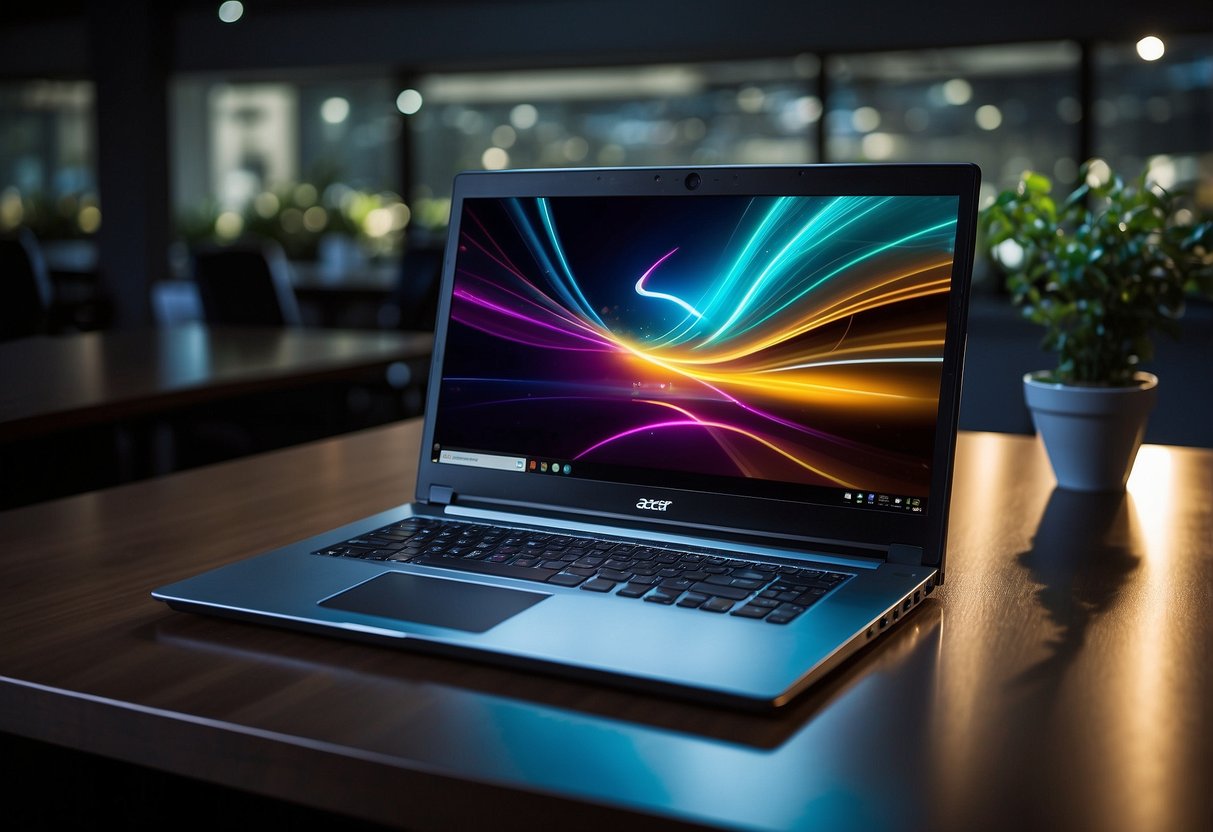 The Acer laptop sits on a sleek desk, surrounded by technical specifications and performance data. The screen displays the Acer logo, glowing with vibrant colors