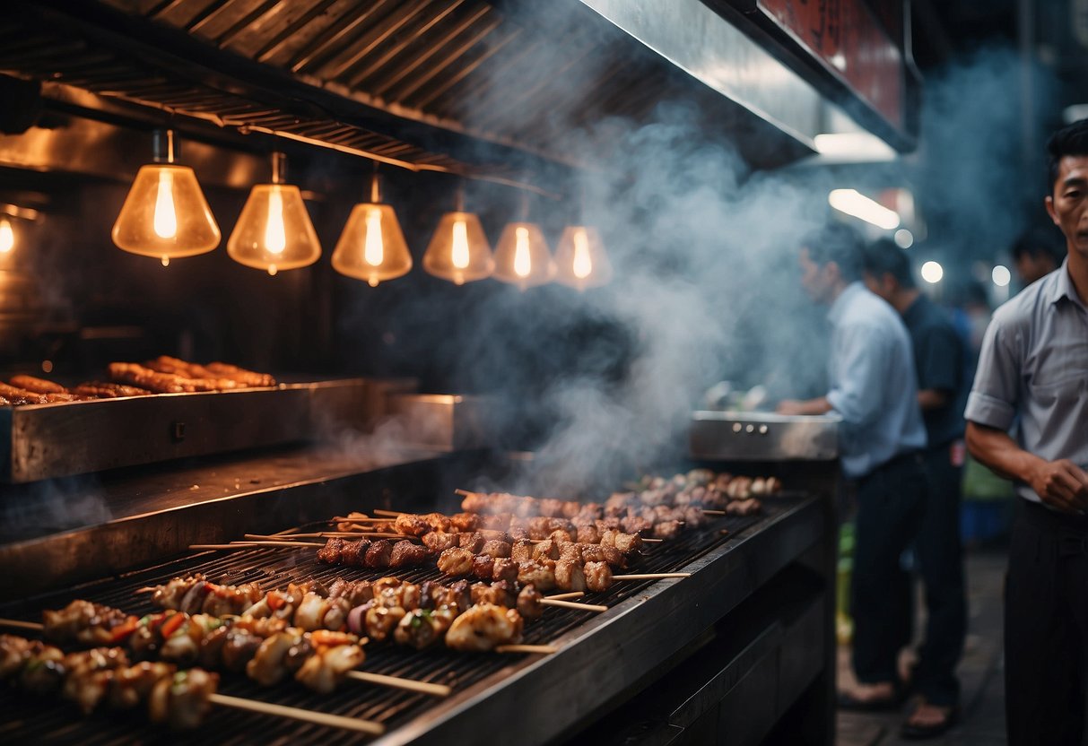 A bustling yakitori stall in Singapore, with smoke billowing from the grill as skewers sizzle over hot coals. Customers line up eagerly, while the aroma of grilled meats fills the air
