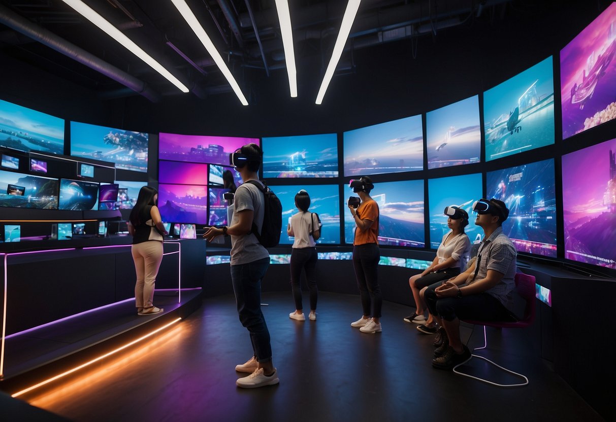 Visitors explore VR experiences at Singapore's VR center, with colorful displays and interactive stations