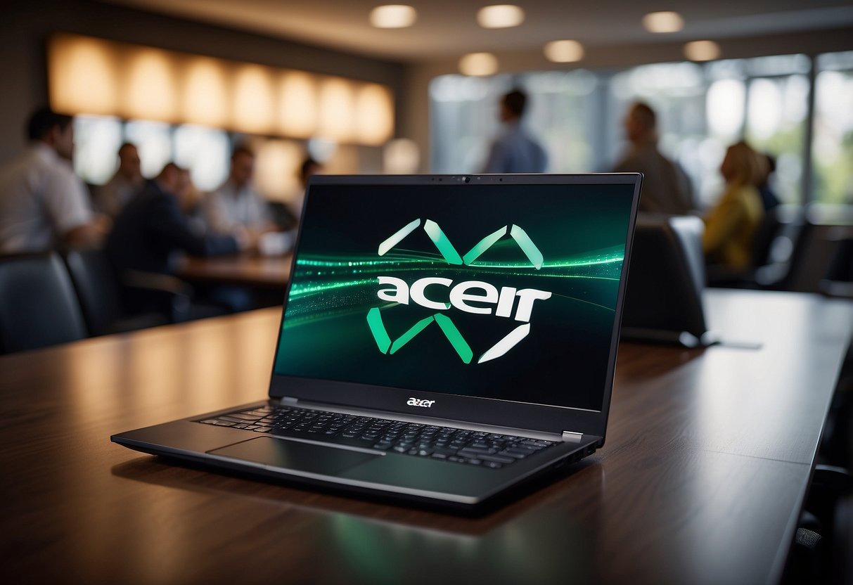 A laptop with the Acer logo displayed, surrounded by question marks and a customer service representative ready to assist