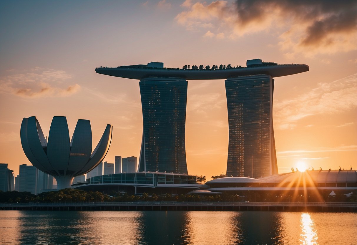 The iconic skyline of Singapore, with its towering skyscrapers and the unique architecture of the Marina Bay Sands, is set against a backdrop of a vibrant sunset, reflecting off the calm waters of the bay