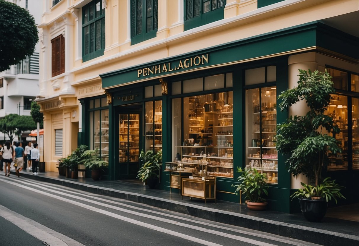 A bustling street in Singapore, with colorful shop fronts and the Penhaligon store standing out with its elegant signage and inviting window display