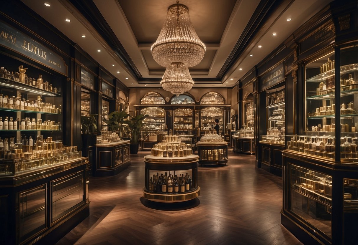 A bustling Penhaligon's store in Singapore, filled with elegant fragrance bottles and ornate packaging, with customers browsing and chatting with staff