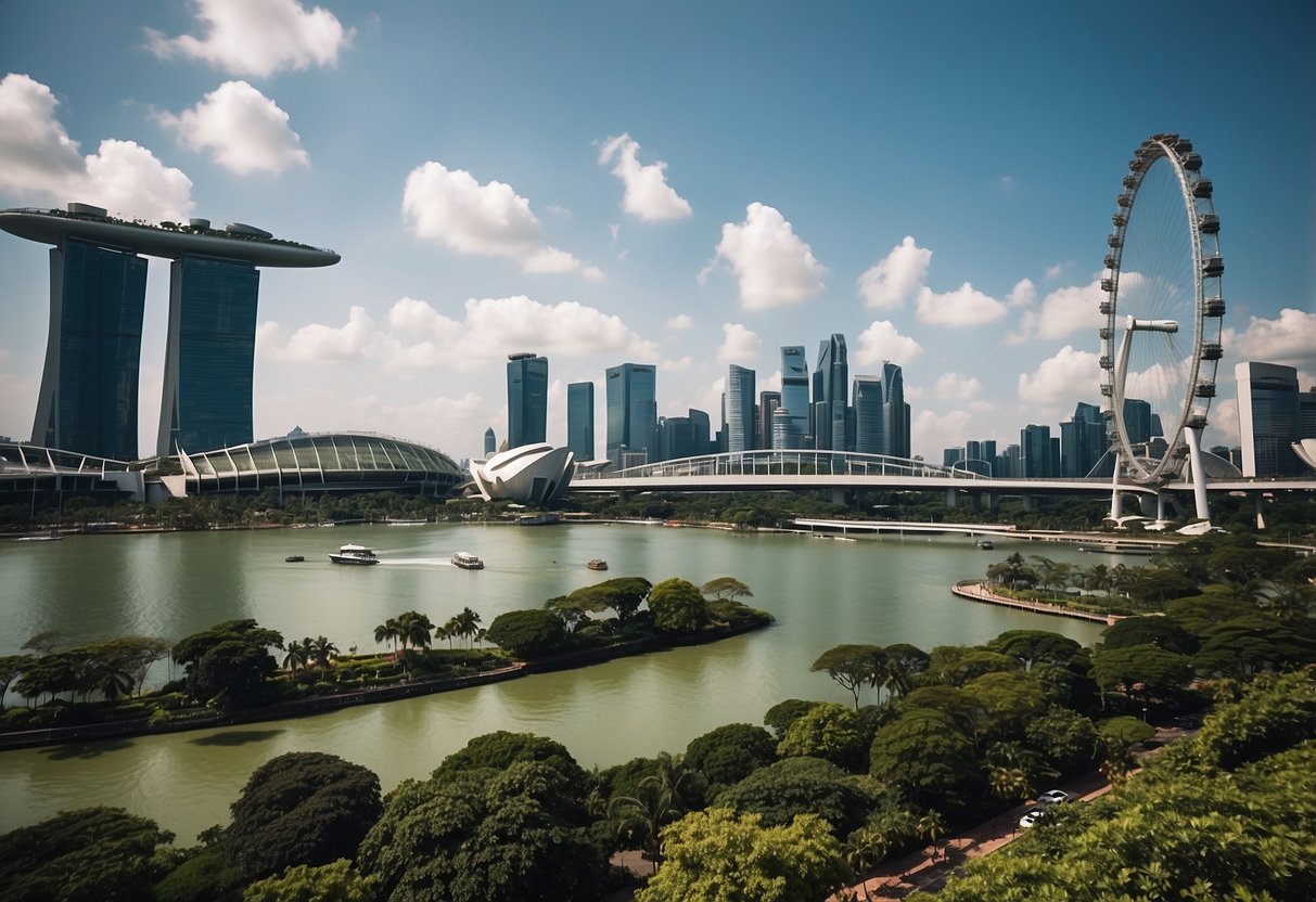 A bustling cityscape with modern architecture, lush greenery, and a bustling harbor with ships and boats. The iconic Marina Bay Sands and the Singapore Flyer stand out against the skyline