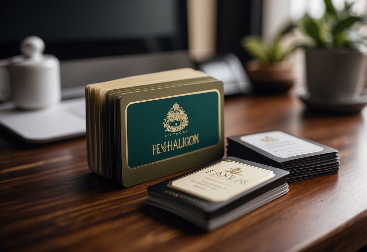A stack of FAQ cards with the Penhaligon Singapore logo, surrounded by a computer, phone, and smiling customer