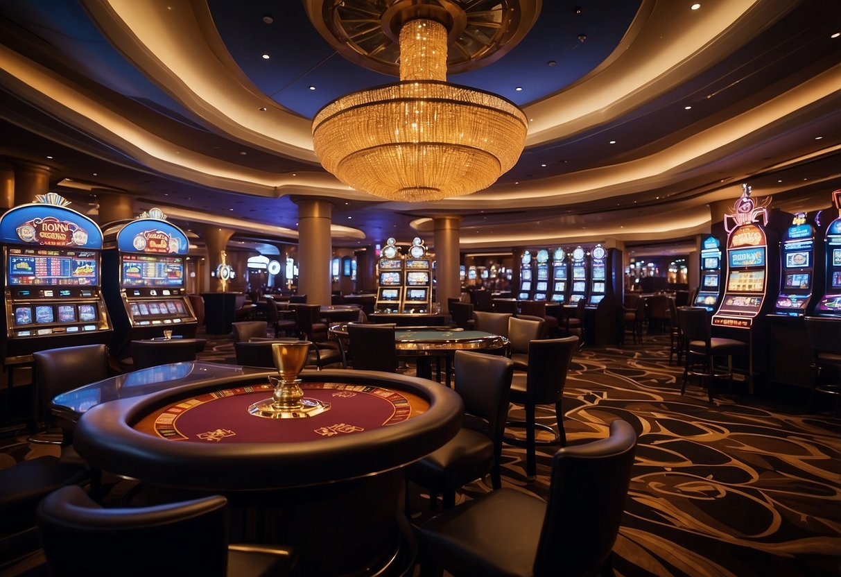 The scene shows a virtual casino with various no deposit bonus options displayed on the screen. The Ignition Casino logo is prominently featured