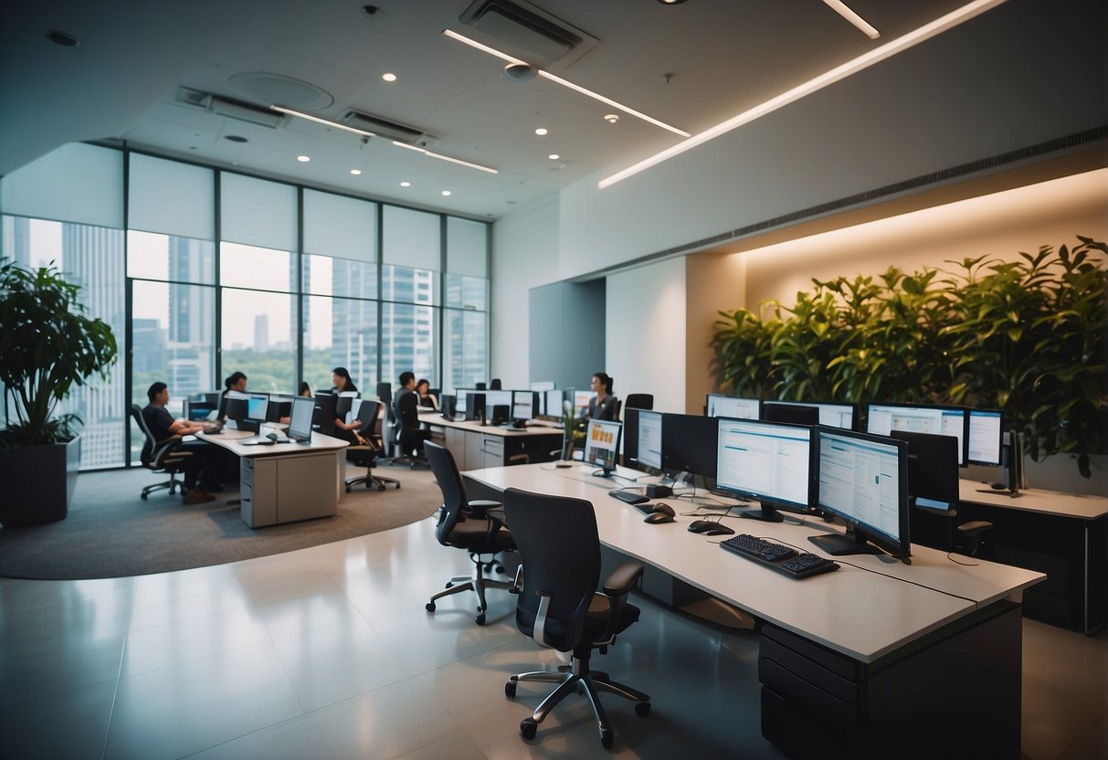 A bustling Pfizer Singapore office with employees working at their desks and meeting in conference rooms, surrounded by modern technology and a vibrant atmosphere