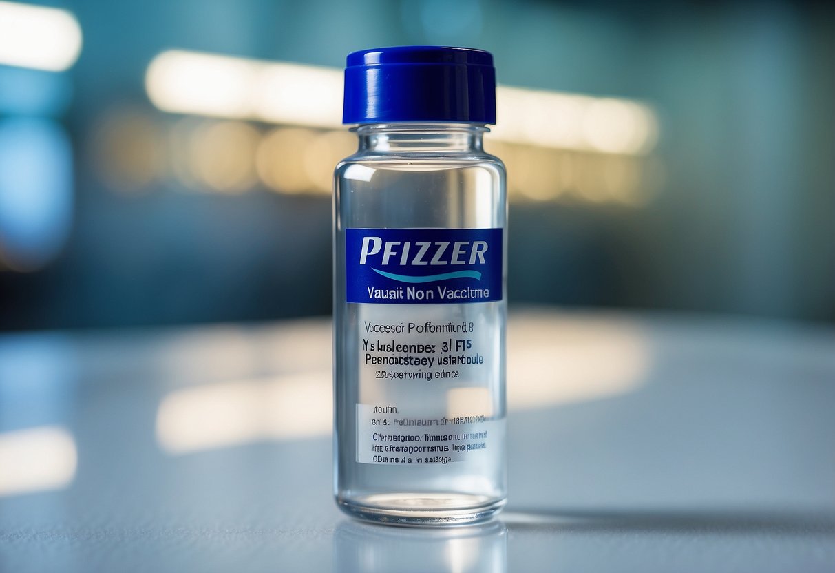 A vial of Pfizer-BioNTech vaccine sits on a sterile white table in a brightly lit room in Singapore