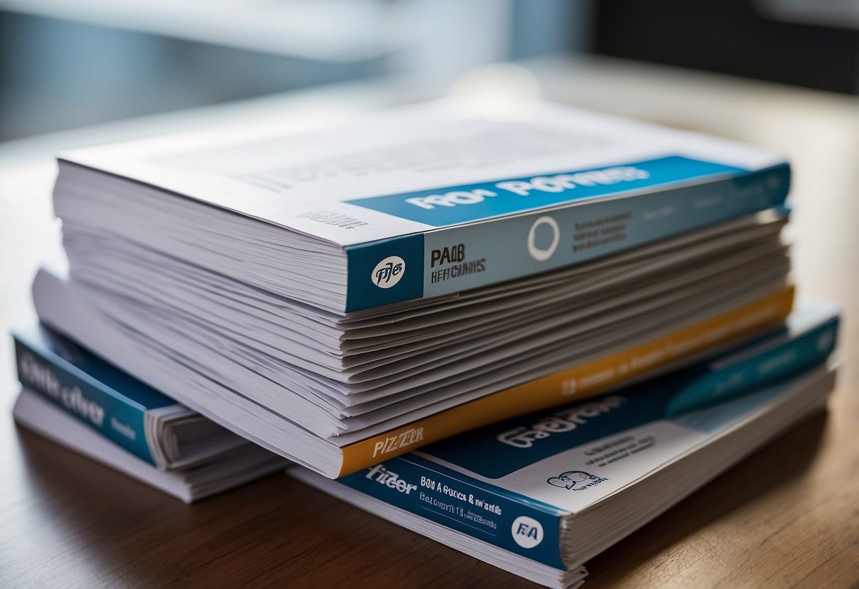 A stack of FAQ brochures with Pfizer logo, displayed on a table in a well-lit office setting