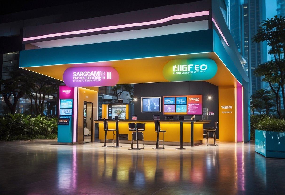 A vibrant pop station in Singapore with various services and partnerships displayed. Bright colors and modern design