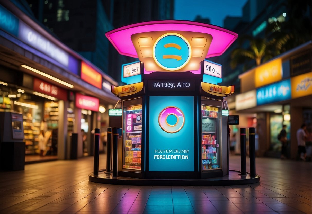 A colorful and vibrant pop station in Singapore with a large "Frequently Asked Questions" sign displayed prominently