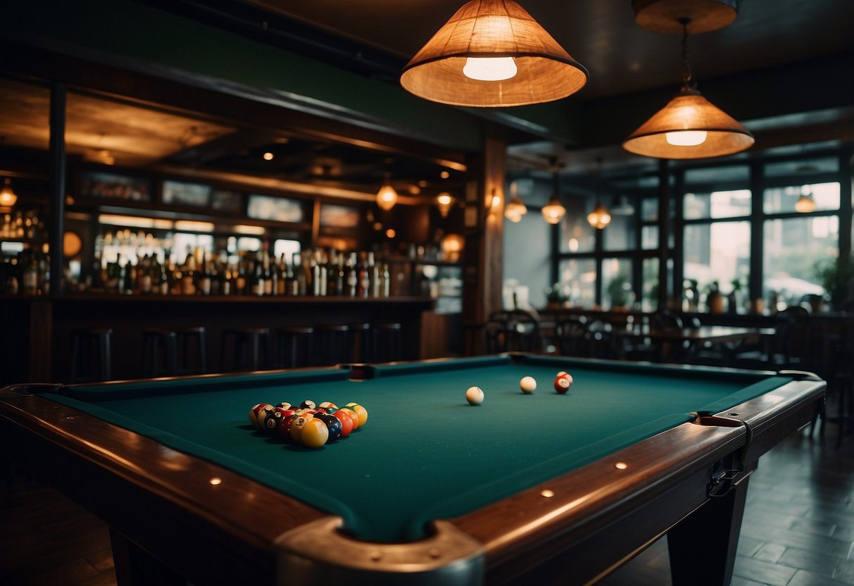 A pool table in a dimly lit Singapore bar, surrounded by empty beer bottles and a group of onlookers