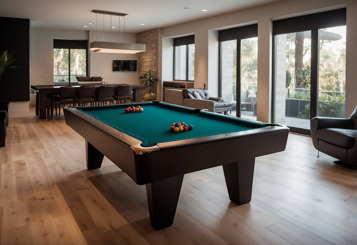 A spacious room with ample natural light, featuring a sleek, modern pool table with clean lines and a minimalist design, surrounded by comfortable seating for spectators