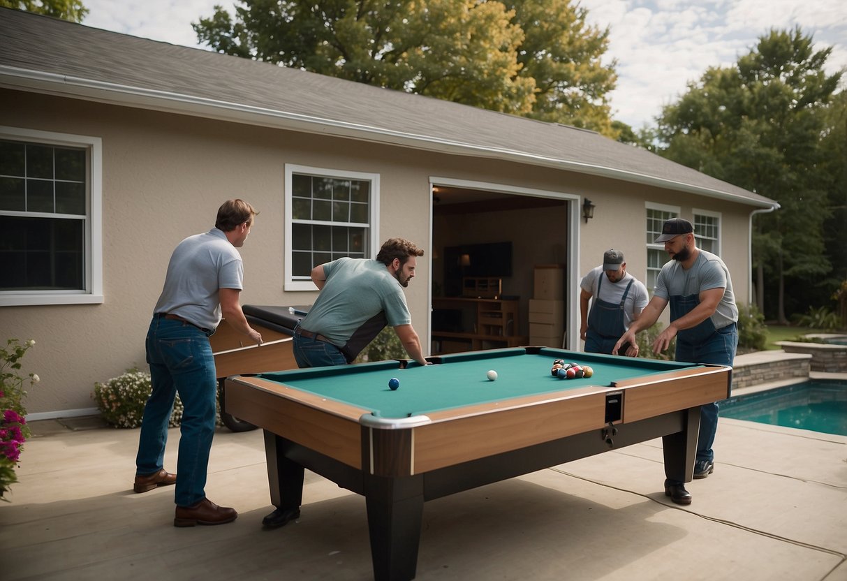 A delivery truck unloads a pool table outside a home. Two workers carry it inside and begin assembling it in the living room