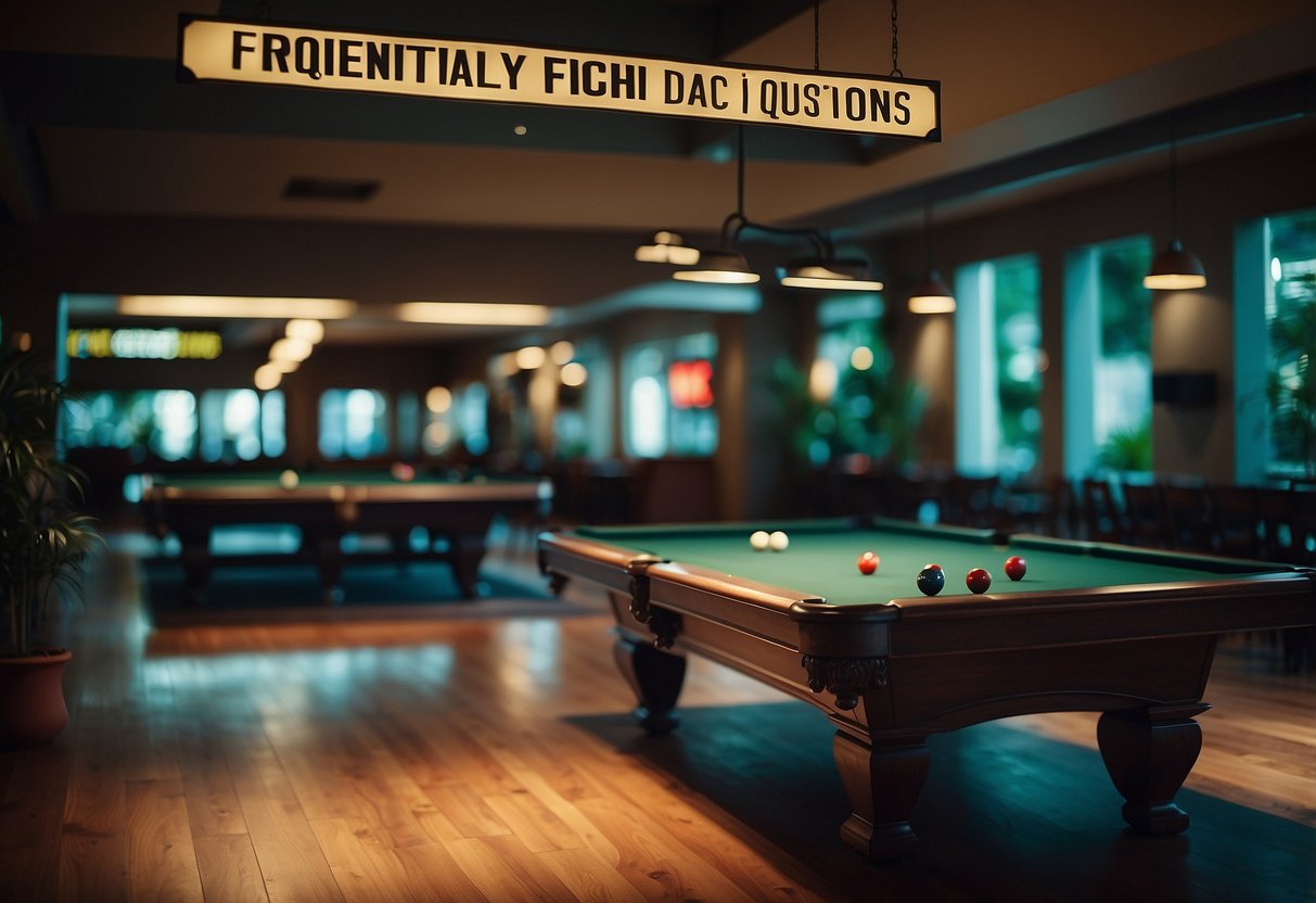A pool table with cue sticks, balls, and a "Frequently Asked Questions" sign in a Singapore setting