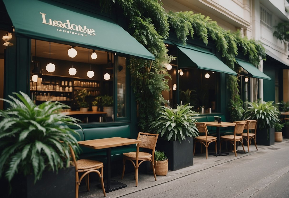 A bustling PS Cafe in Singapore, with lush greenery, chic furniture, and a cozy ambiance