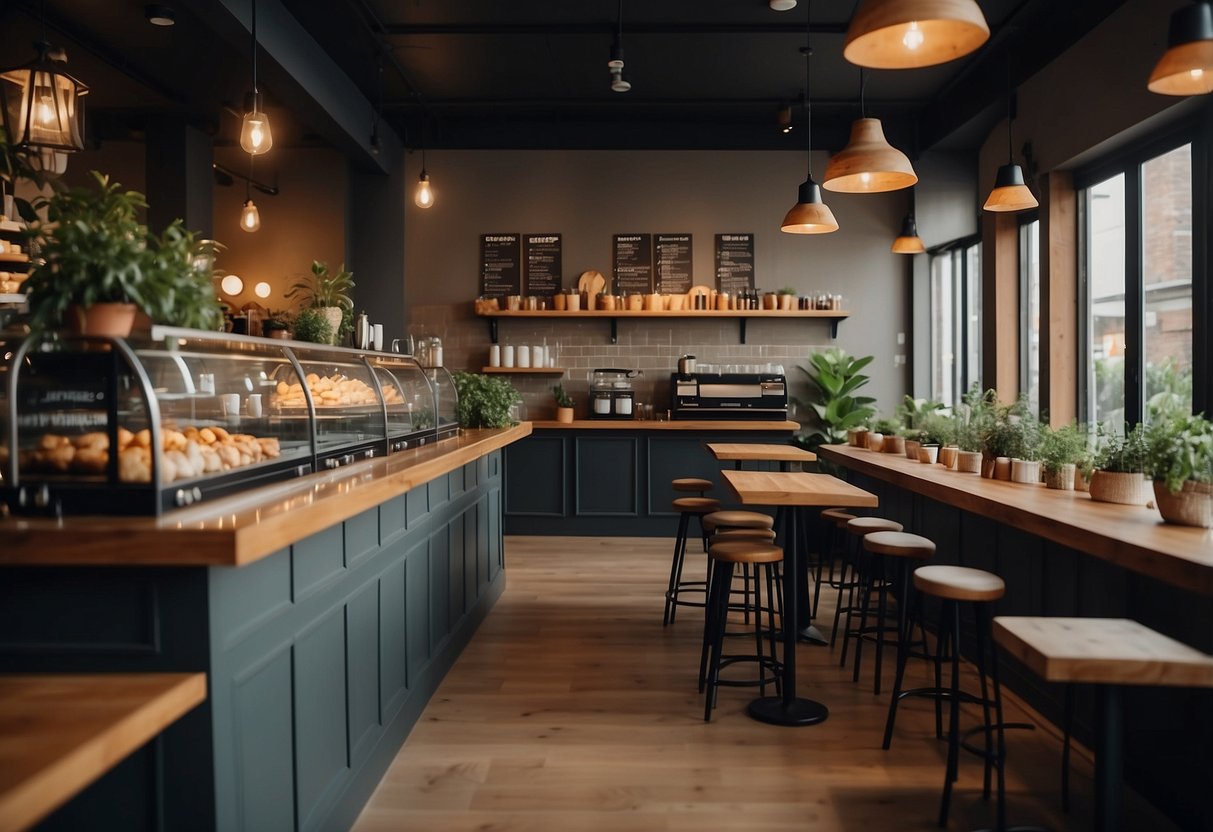 A cozy cafe interior with warm lighting, wooden furniture, and greenery. A counter with pastries and coffee machines. Artwork on the walls