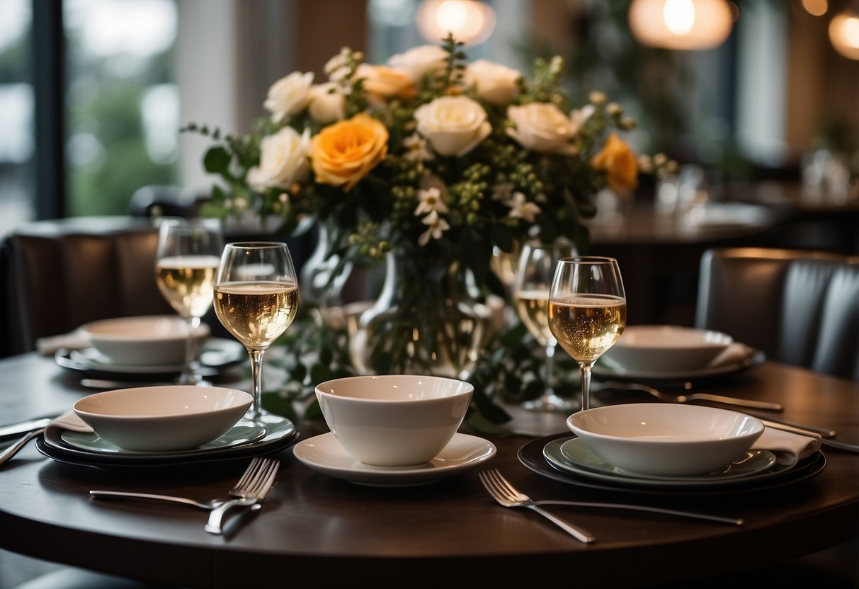 A table set with elegant dinnerware and a floral centerpiece, surrounded by stylish chairs in a cozy, dimly lit restaurant