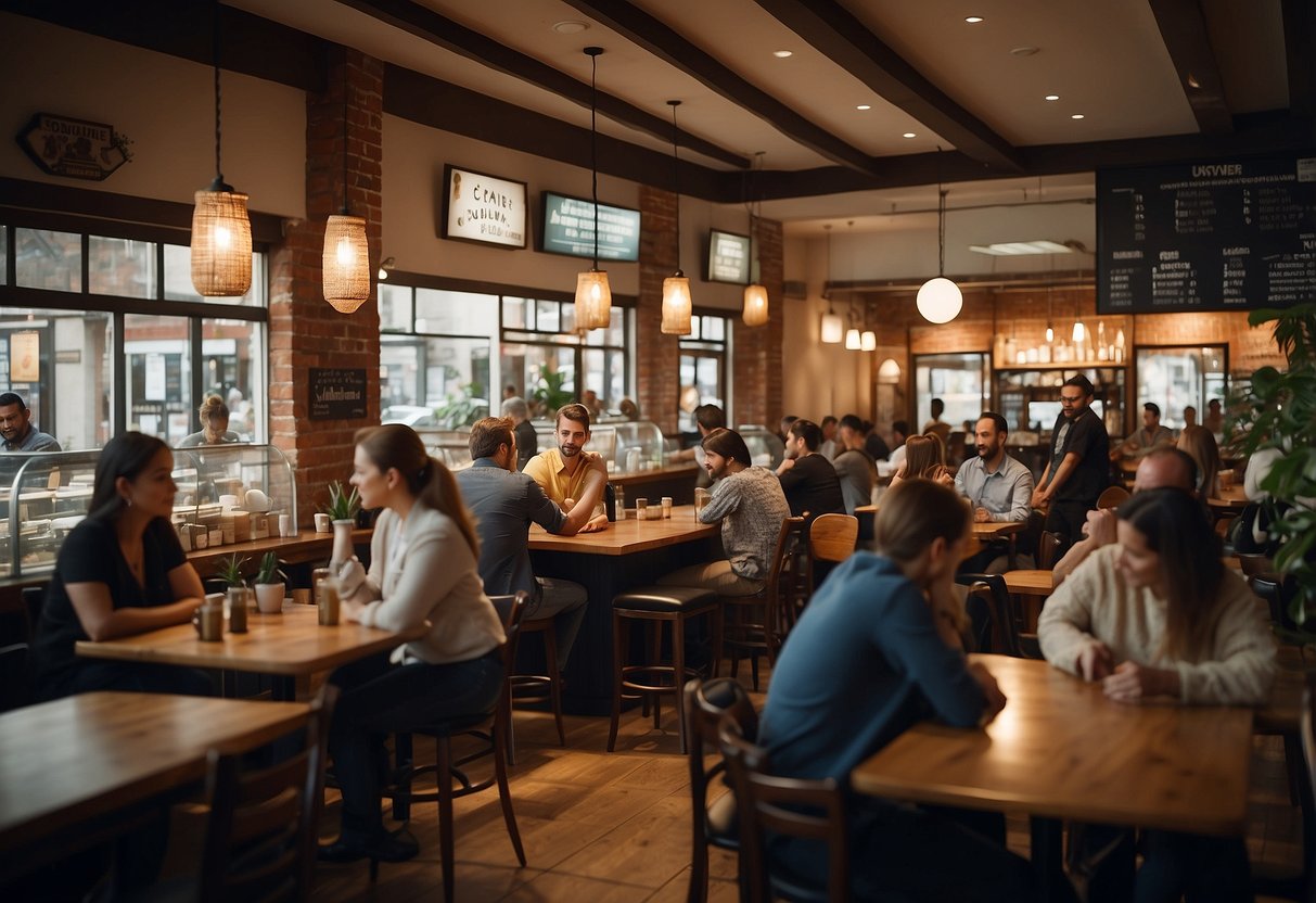 A bustling cafe with customers asking staff questions at the counter, while others sit and chat at tables. The atmosphere is lively and inviting