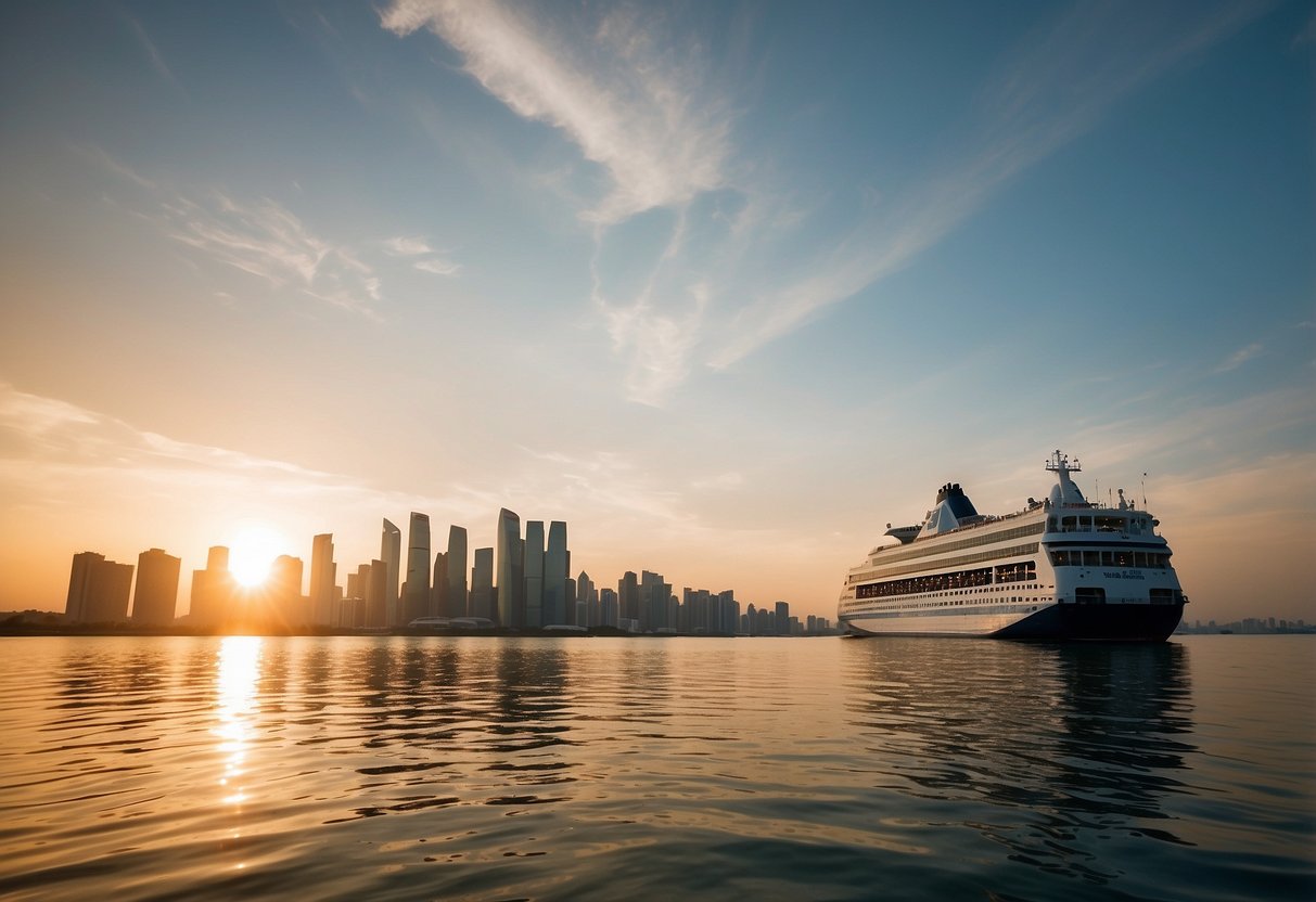 A ferry sails across the calm waters from Singapore to Desaru, with the city skyline fading in the distance and the sun setting behind the horizon