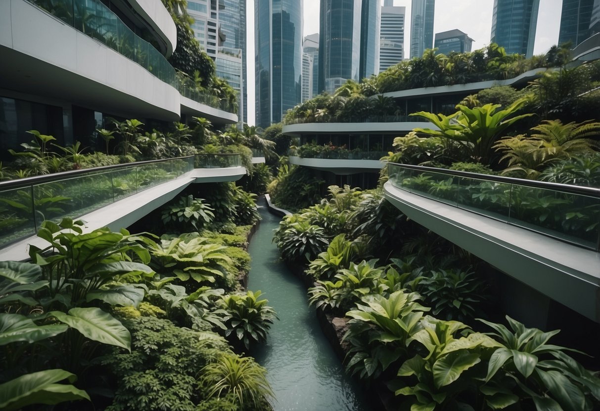 Lush greenery cascades down from towering skyscrapers in the futuristic urban oasis of Sky Garden Singapore