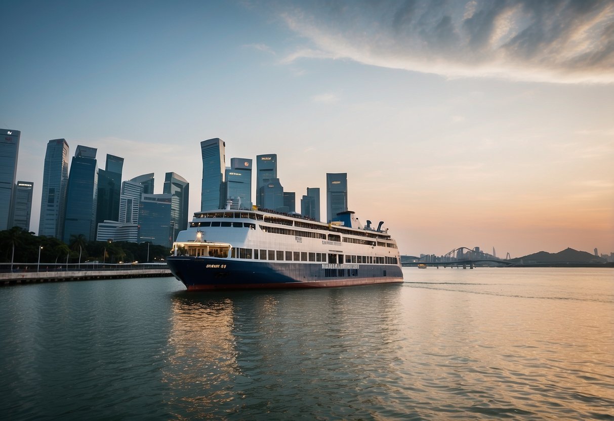 The ferry departs from Singapore to Desaru, with calm waters and a clear sky. The ferry is filled with passengers, and the city skyline slowly fades into the distance