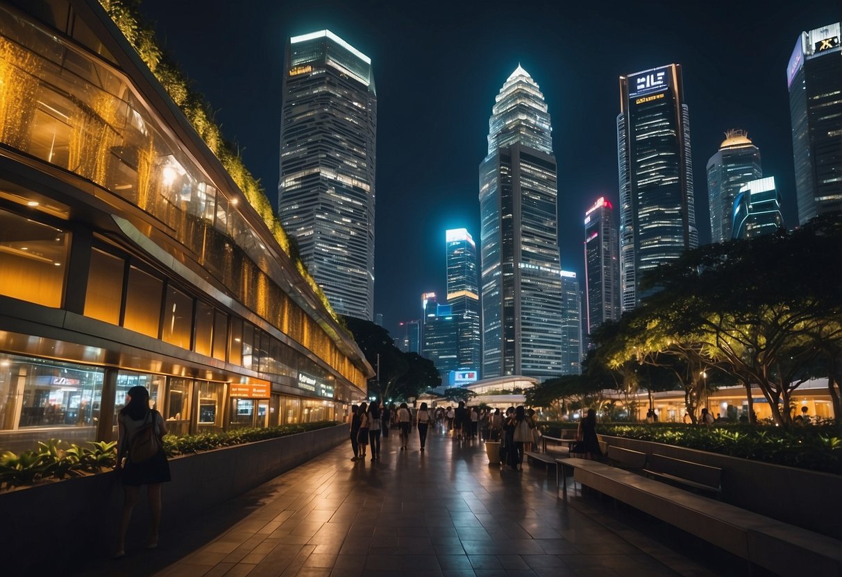 A bustling cityscape with modern skyscrapers and vibrant street life, showcasing the dynamic energy and diversity of Singapore's urban landscape