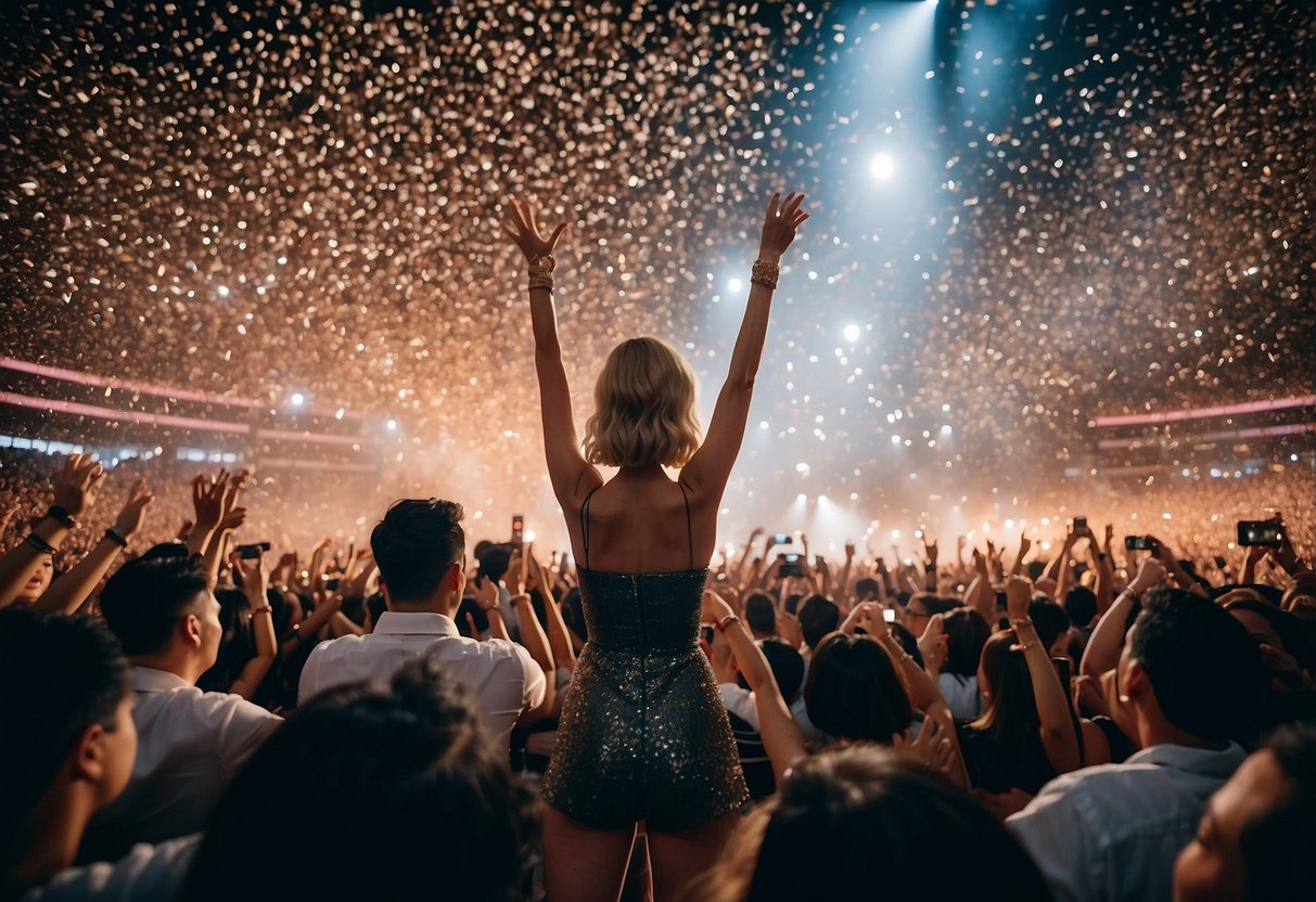 Crowd cheers at Taylor Swift's Eras Tour in Singapore. Lights flash, confetti falls, and a massive stage sets the scene