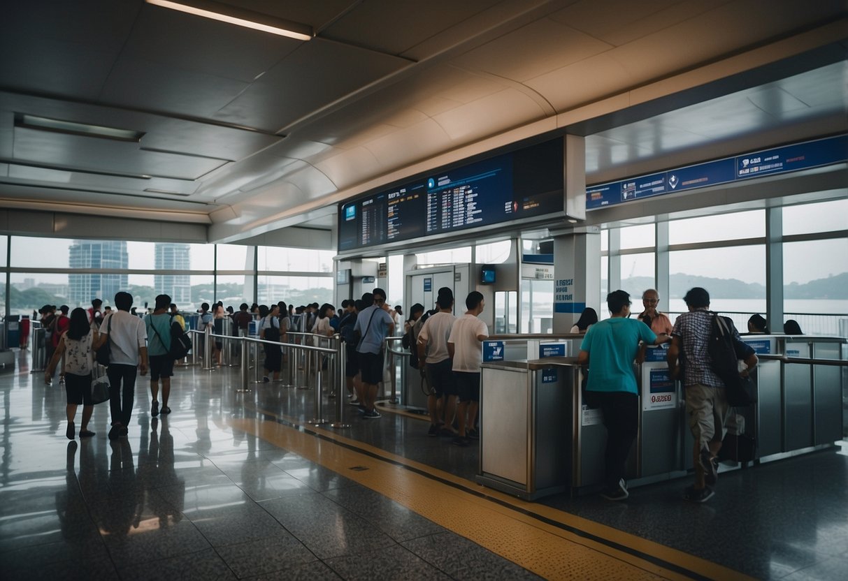 Passengers boarding ferry from Singapore to Desaru. Ticket counter, waiting area, and ferry dock visible