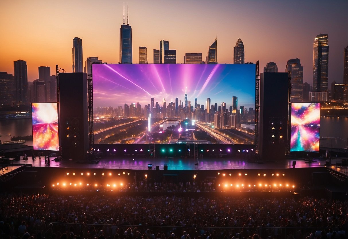 A colorful stage with flashing lights and giant screens, surrounded by excited fans and a vibrant city skyline in the background