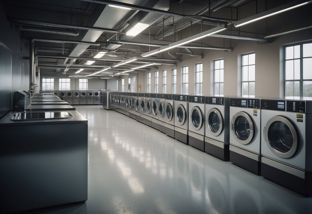 An industrial laundry room with state-of-the-art equipment and innovative solutions for space-saving and efficient laundry processes