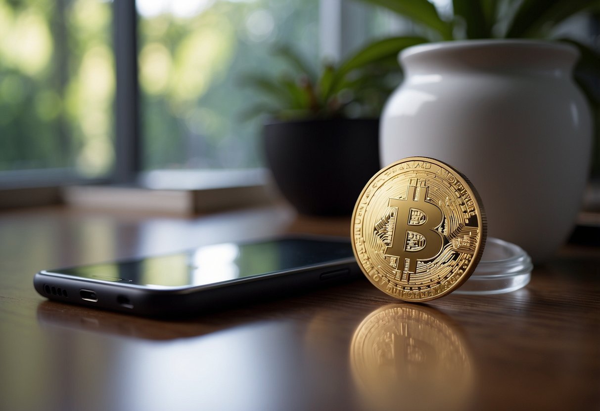 A Tracetogether token rests on a table, next to a smartphone and a face mask. A window lets in soft natural light, casting gentle shadows on the objects
