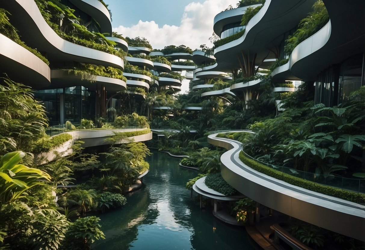 Lush greenery cascades over futuristic architecture in the Sky Garden Singapore, with winding pathways and serene water features