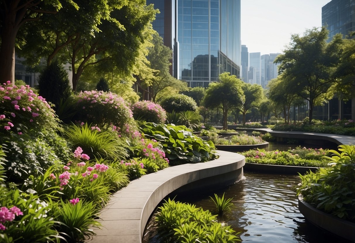Lush greenery cascades down from towering skyscrapers, creating a serene oasis in the heart of the city. A winding pathway leads visitors through vibrant flowers and tranquil water features, offering a peaceful escape from the bustling urban landscape