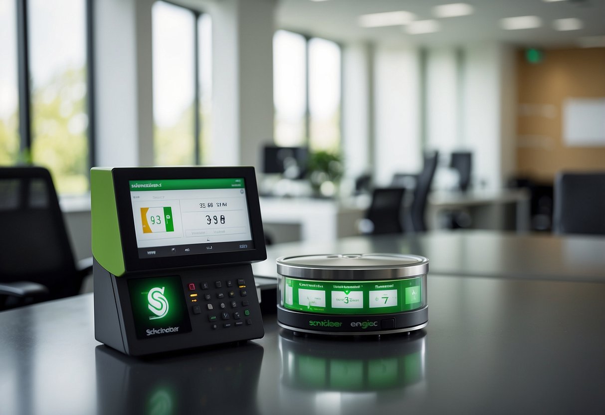 Schneider Electric's logo prominently displayed on a sleek, modern energy management system in an office setting