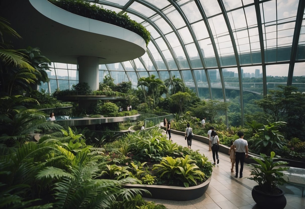 Lush greenery and modern architecture in the sky garden of Singapore, with visitors enjoying the tranquil atmosphere and taking in the city views