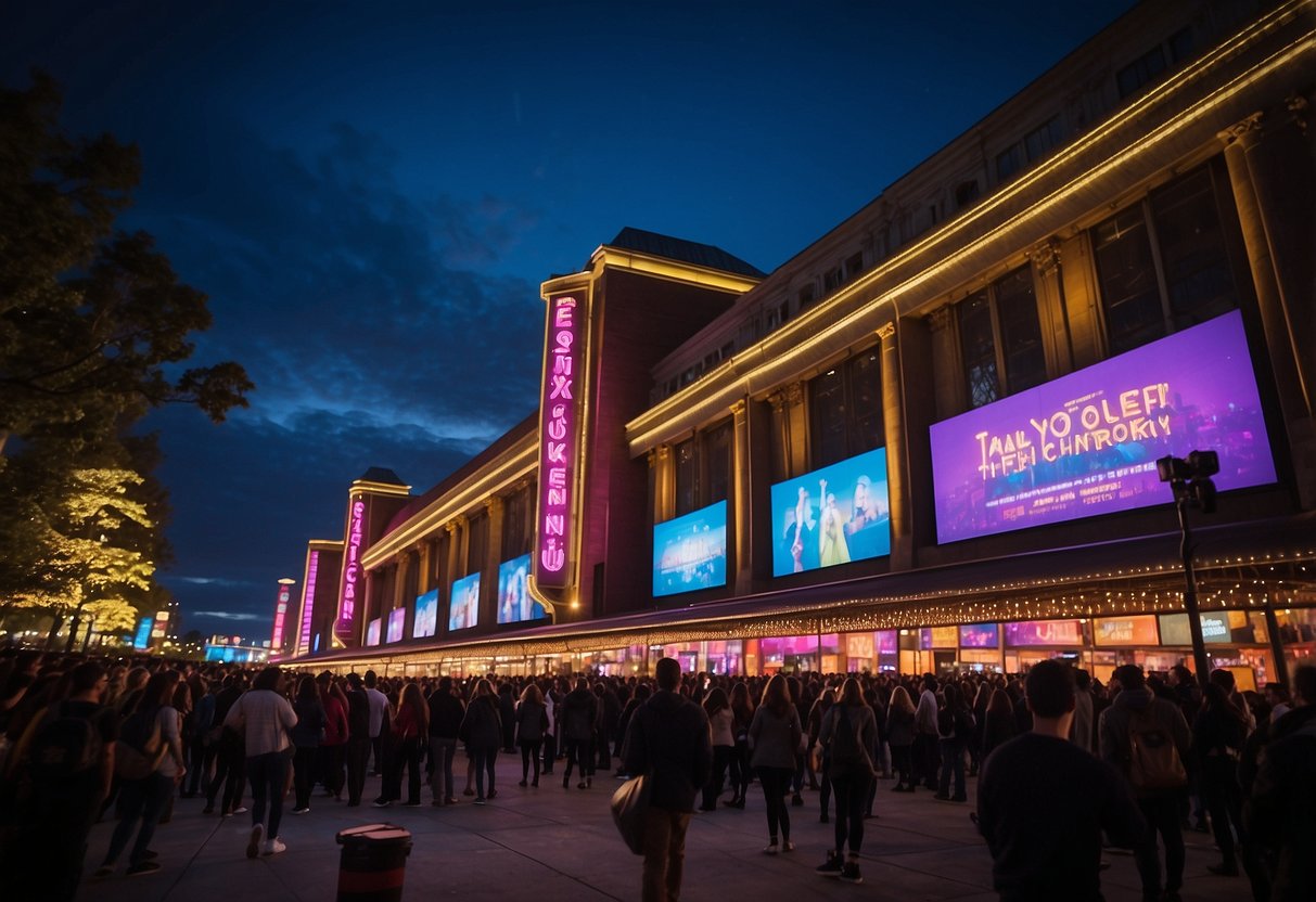 Fans eagerly line up outside the venue, clutching tickets and merchandise. The stage is set with colorful lights and instruments, ready for Taylor Swift's iconic performance