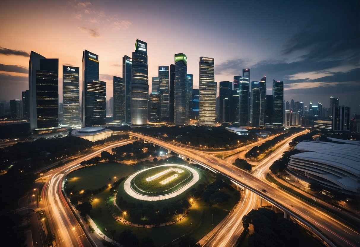 A bustling city skyline with modern buildings and high-tech infrastructure, featuring Schneider Electric's innovative technologies and services in Singapore