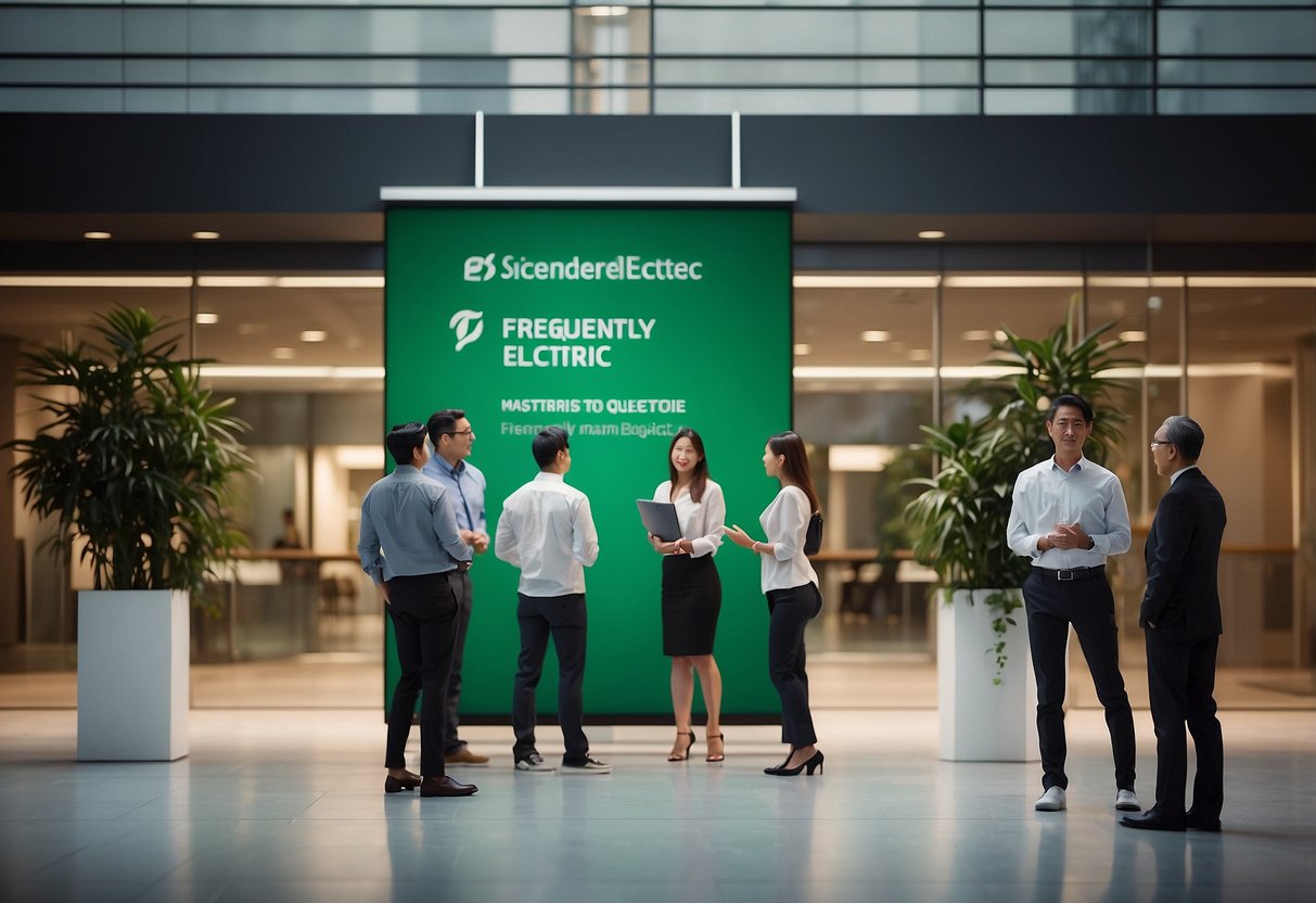 A group of people standing around a large sign that reads "Frequently Asked Questions Schneider Electric Singapore." The sign is prominently displayed in a busy office lobby